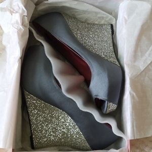 Nina Dark Grey Satin w/Silver Wedge Heel-EUC